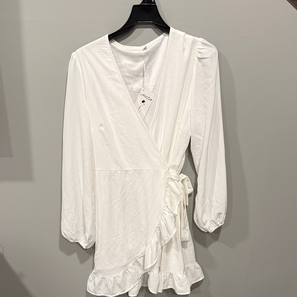 White Wrap Dress with Ruffle Hem